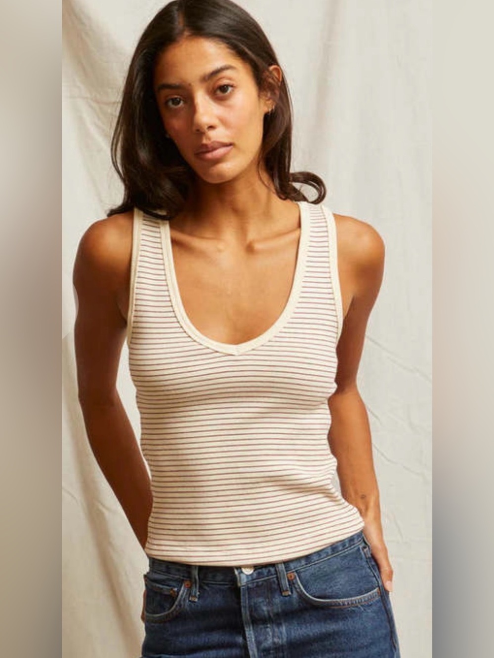 perfectwhitetee Cream Tank with Thin Brown Stripes